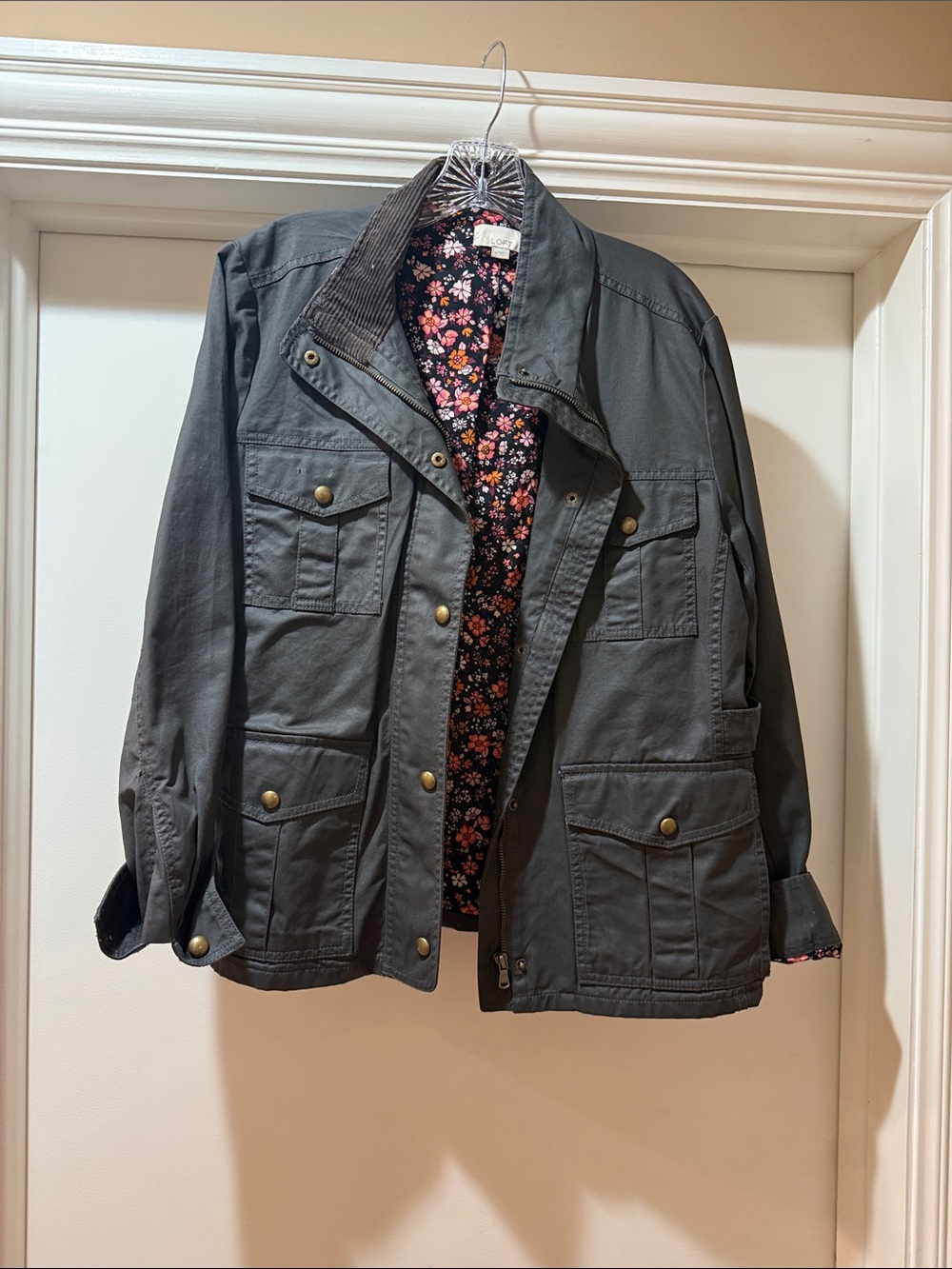 LOFT Dark Gray Military Field Jacket with Floral Lining